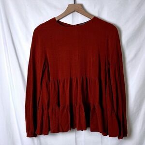 Primark Women Rust Orange Tiered Long Sleeve Blouse Top Size 8 Western Flowy